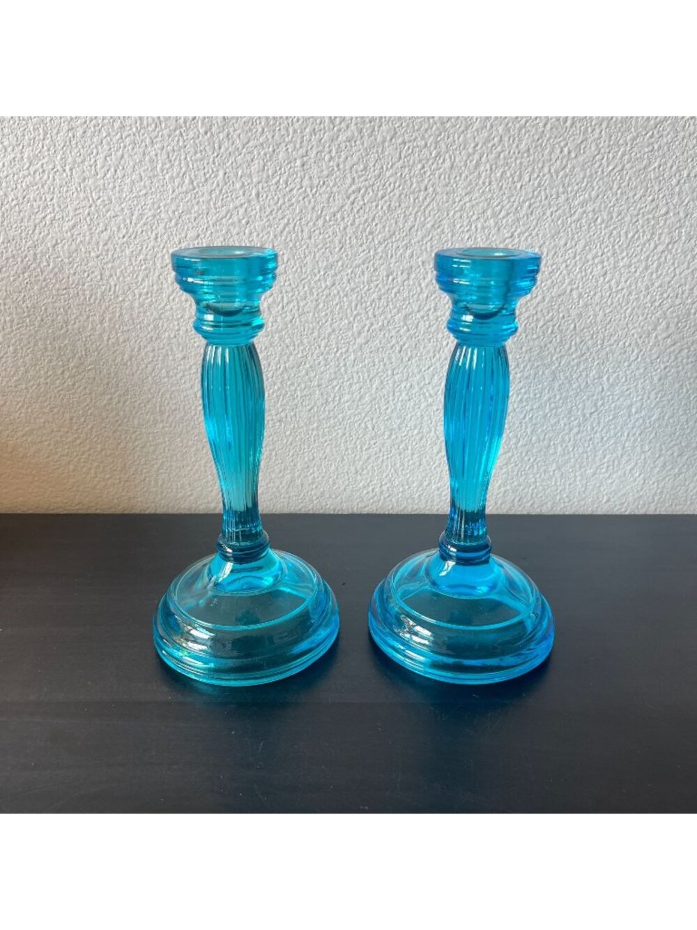 Vintage Blue Tiara Glass Candle Holders // Duchess Pattern Horizon Blue Pair